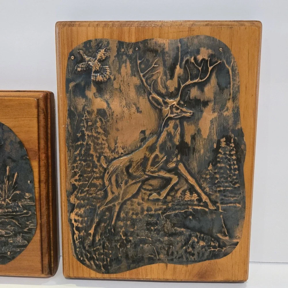 Lot 2 Vintage Hammered Copper Pointer Bird Dog & Deer Hunting Art Framed 8